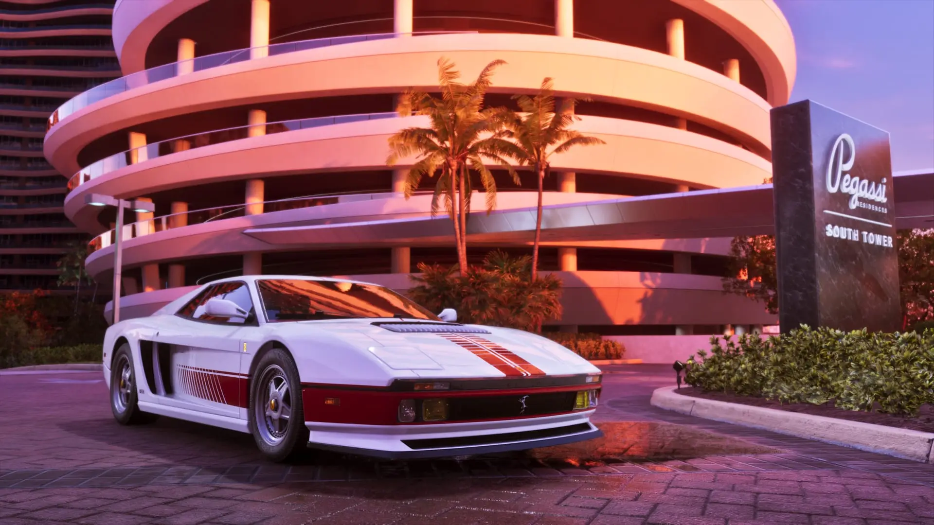A Grotti Cheetah outside a circular parking tower, official GTA 6 render