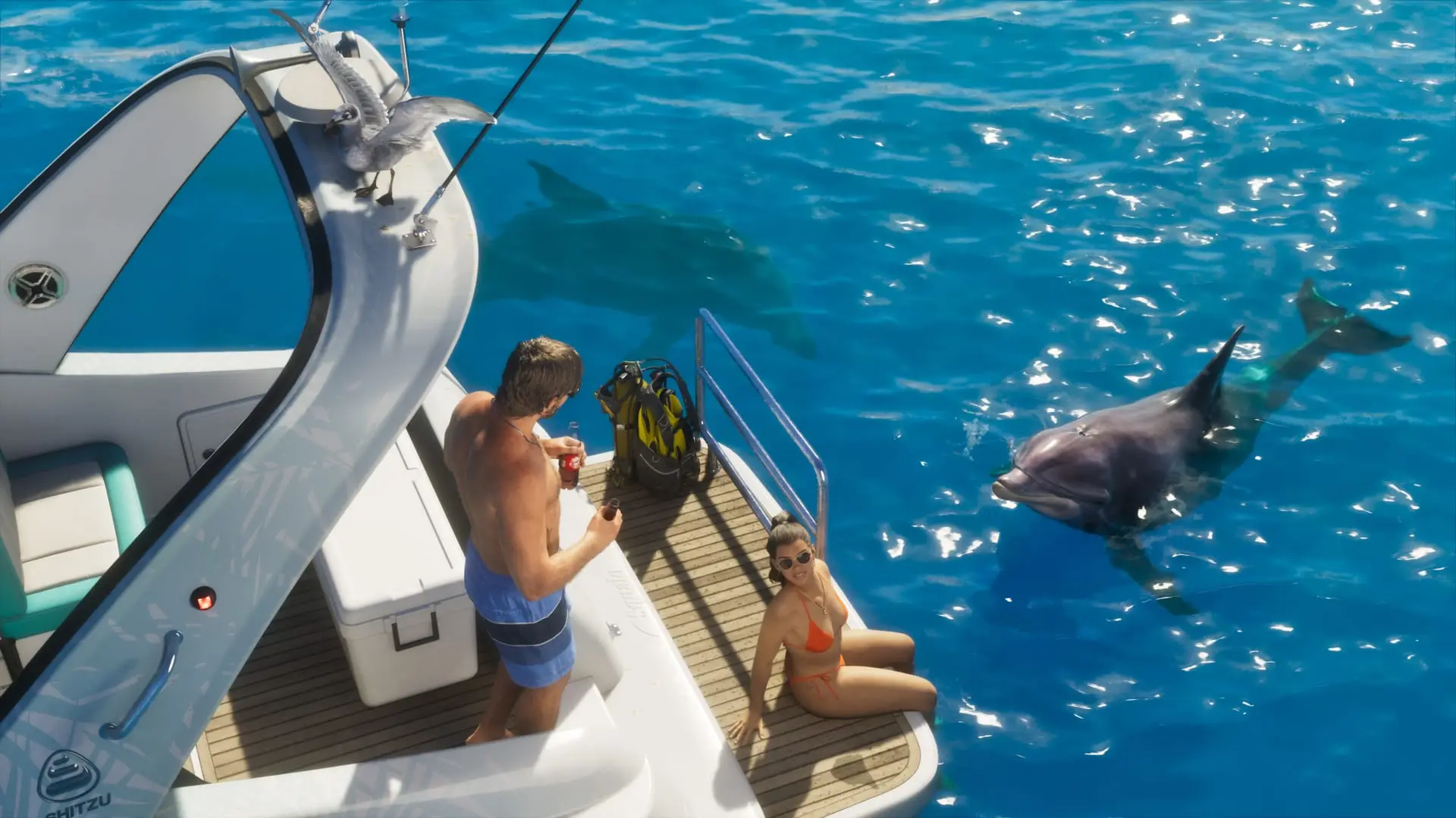 Friends on a boat watch a dolphin, official GTA 6 render