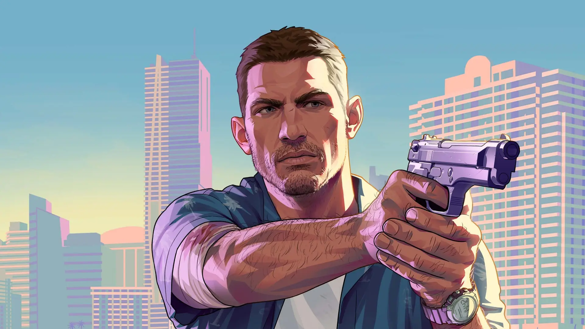Jason Duval aims a pistol in official GTA 6 artwork
