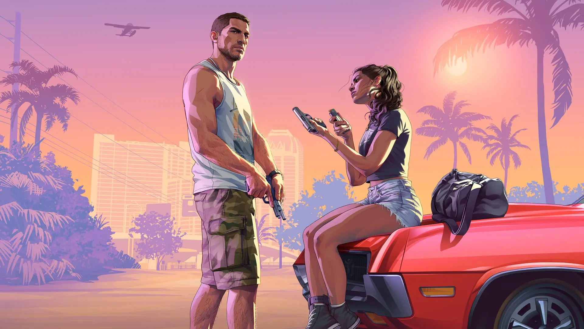 Jason and Lucia by a red car, official GTA 6 launch trailer artwork