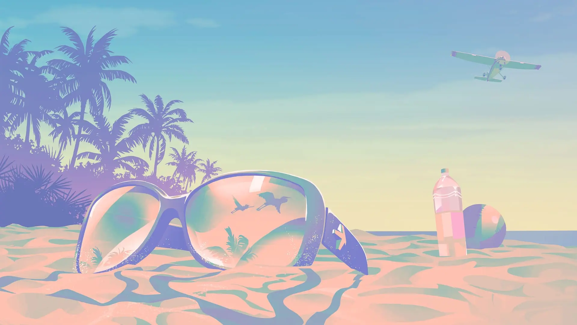Sunglasses half buried in the sand of the Leonida Keys, official GTA 6 artwork