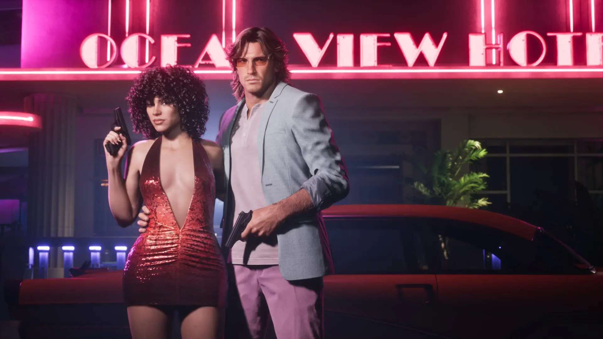 Two characters in 1980s Vice City outfits outside the Ocean View Hotel, official GTA 6 render