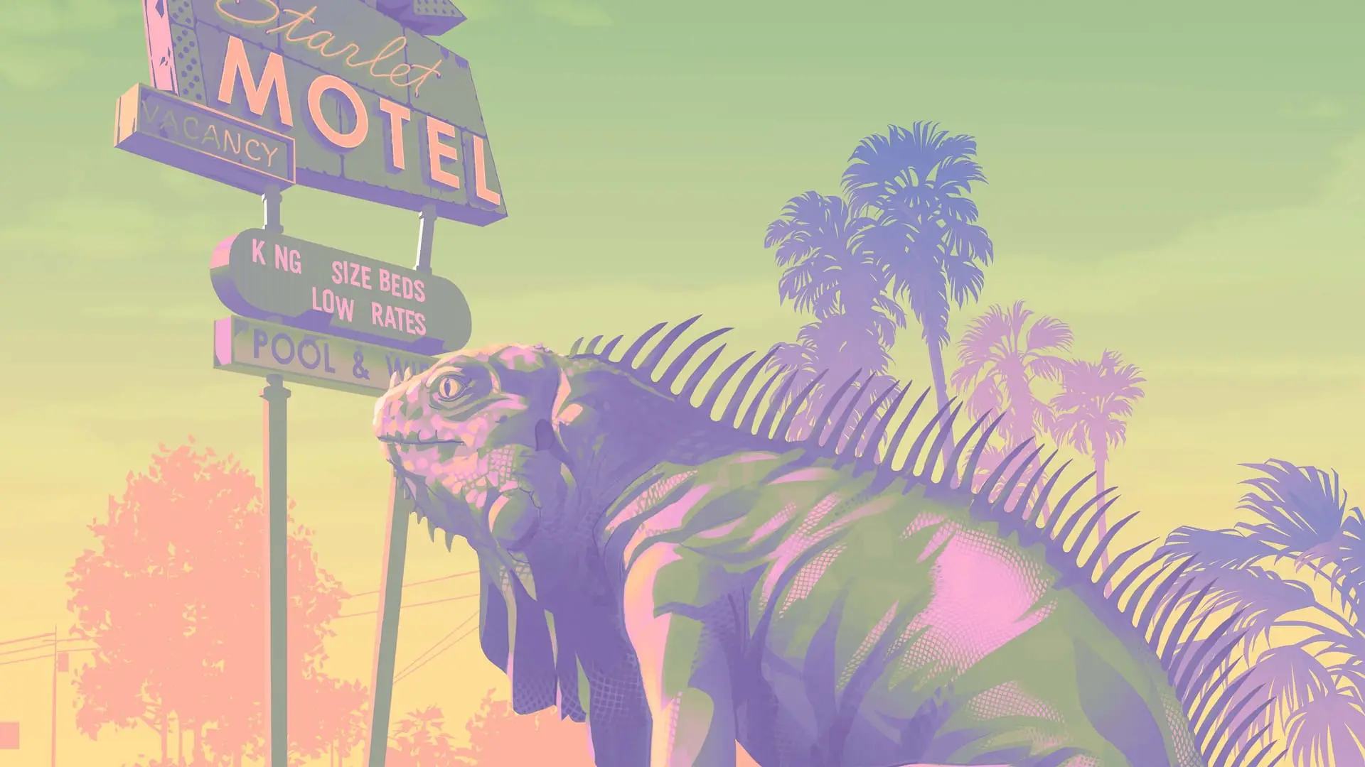 A motel sign and an iguana in Port Gellhorn, official GTA 6 artwork