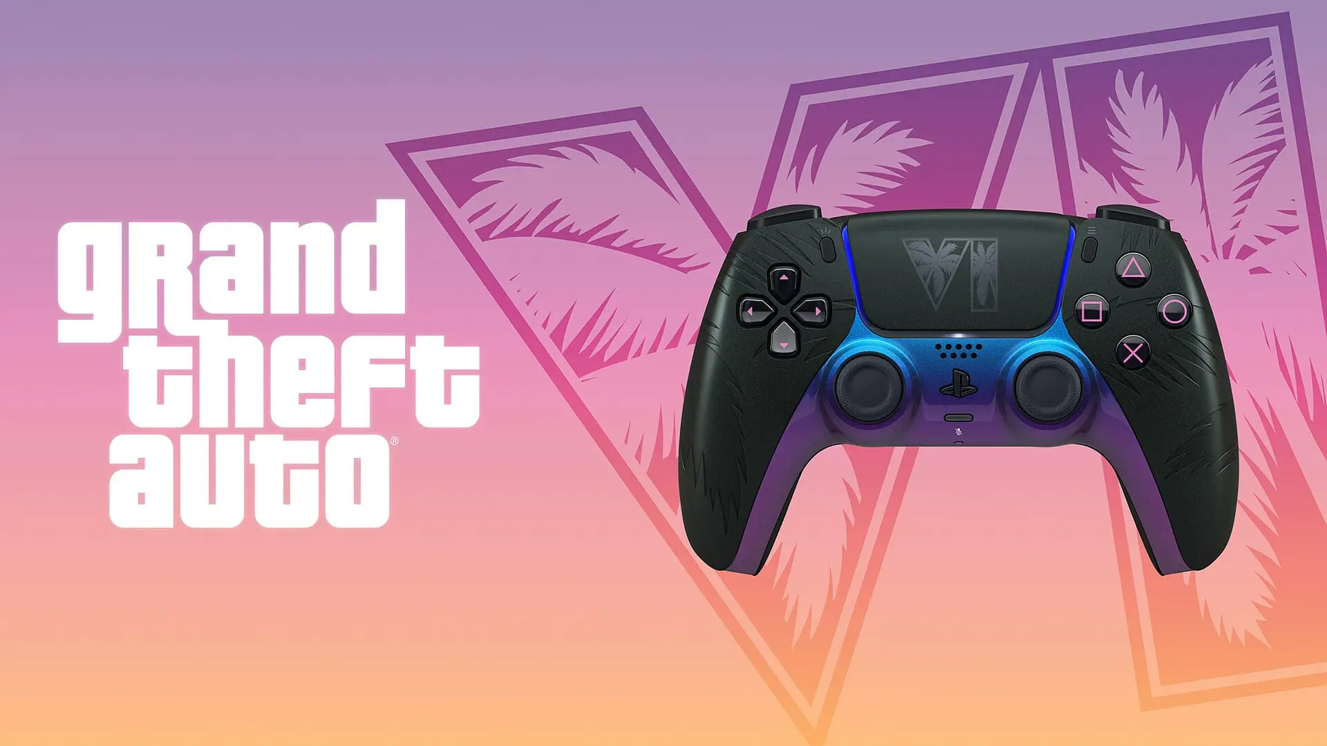 Black DualSense controller with purple-blue accents and palm designs, beside the Grand Theft Auto logo.
