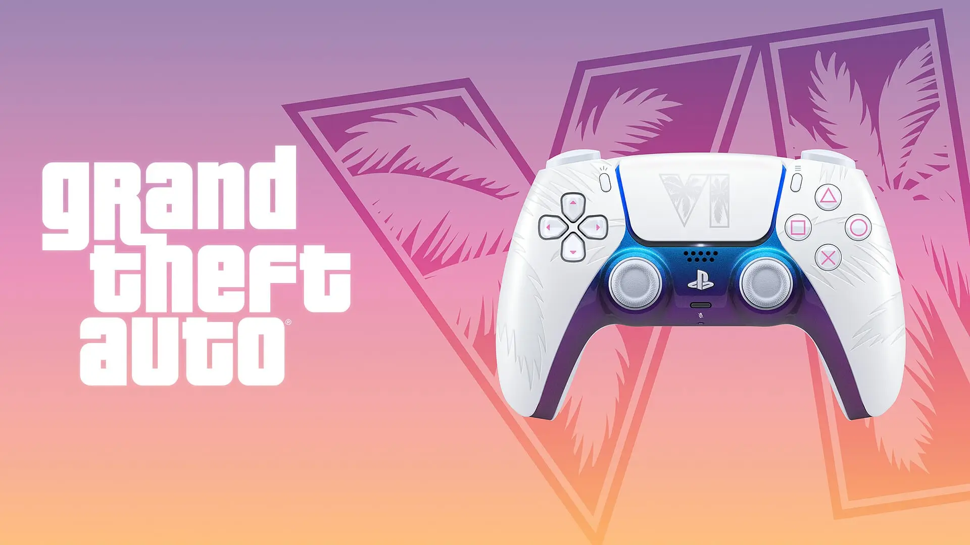 White DualSense controller with purple-blue accents and palm designs, beside the Grand Theft Auto logo.