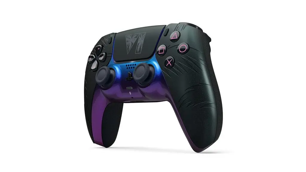 Black PS5 DualSense controller with purple and blue accents and a GTA VI logo on the touchpad, angled view.