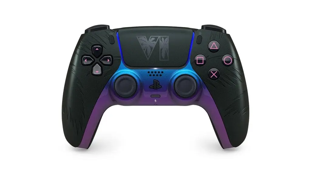 Front view of the black DualSense controller with GTA VI logo on the touchpad, blue light bar and purple lower shell.