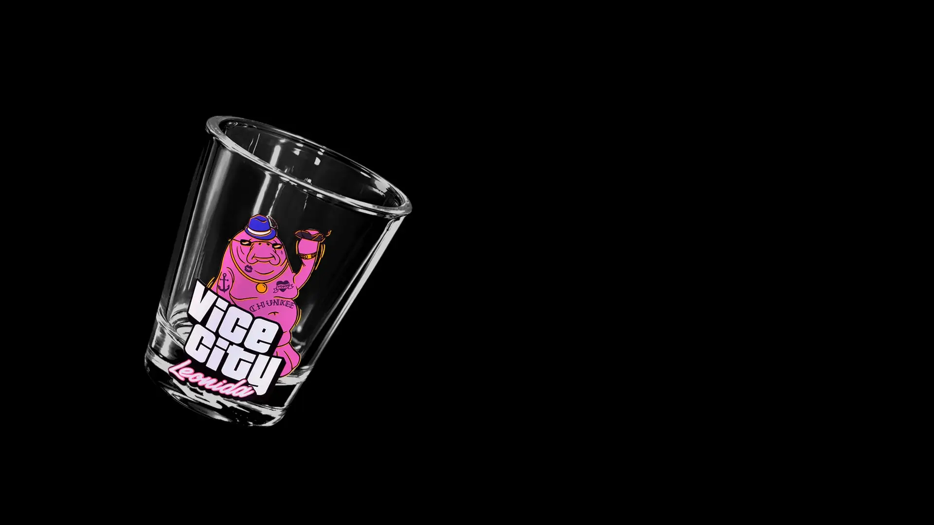 Pink shot glass with a Vice City Leonida logo and a pink cartoon character holding a cocktail.