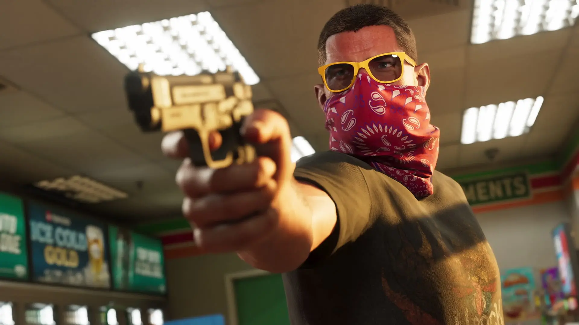 Man in yellow sunglasses and a red bandana points a gold pistol inside a brightly lit convenience store with ice-cold drink coolers.