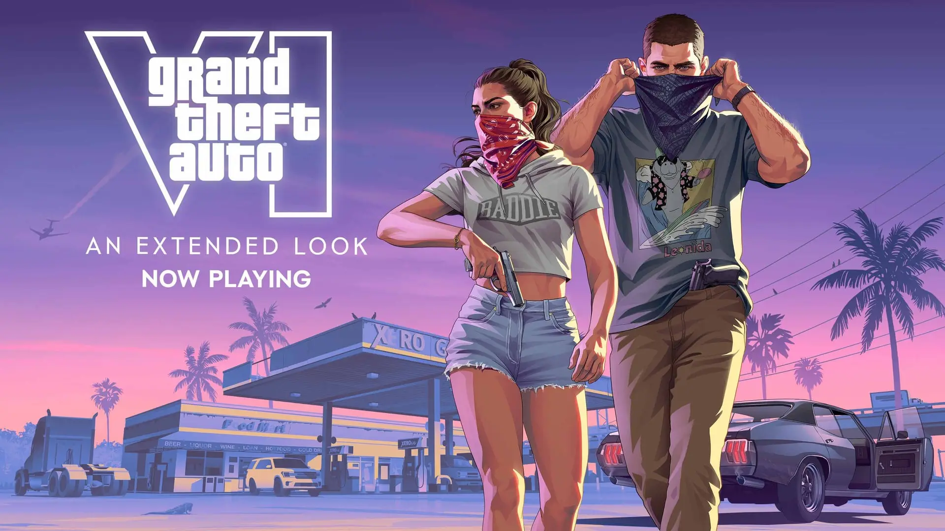 Two characters with bandanas over their faces walk toward the camera beside a gas station with palm trees at dusk.