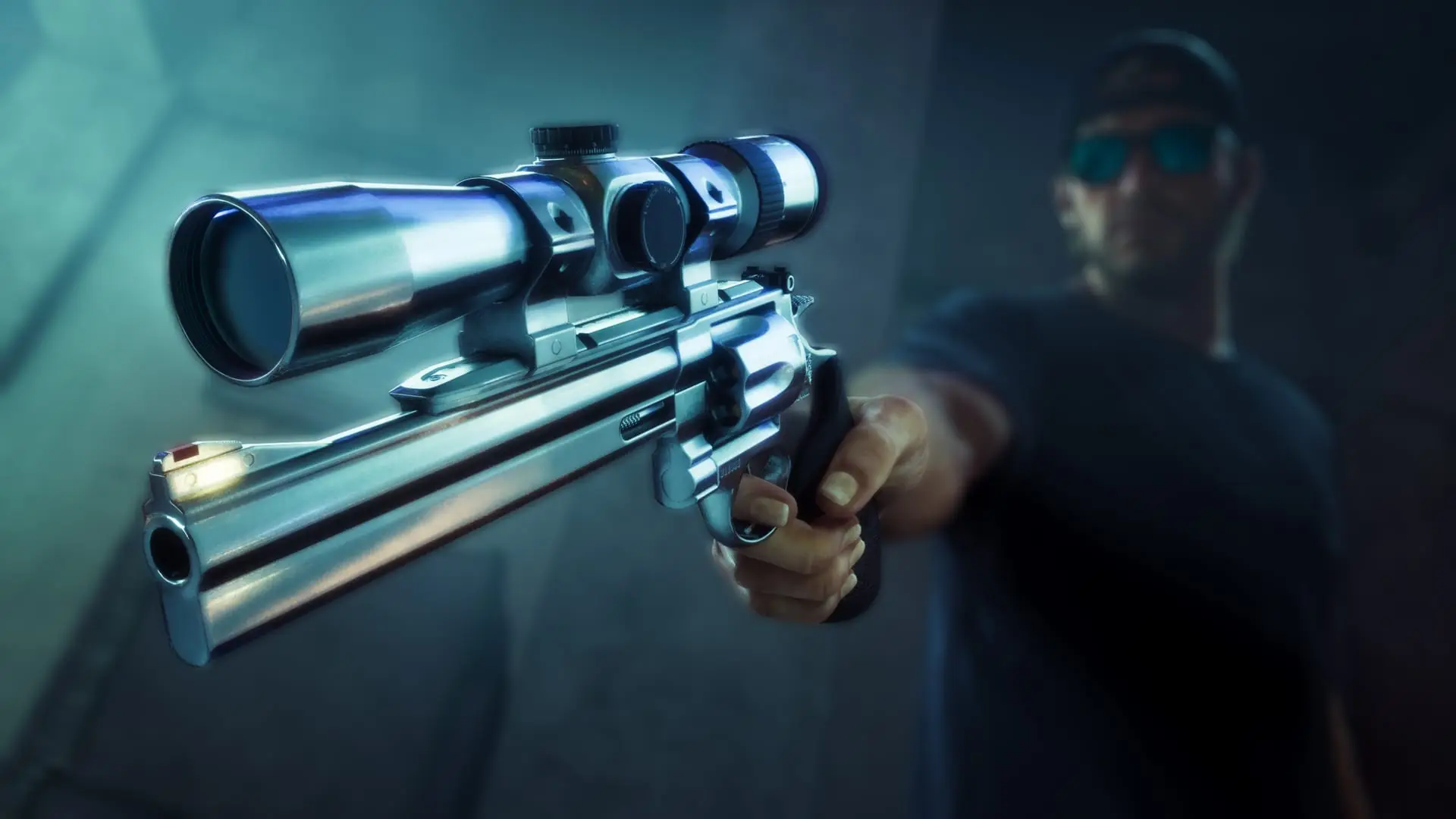 A man in a dark cap and teal sunglasses aims a chrome scoped revolver toward the viewer in a dim corridor.