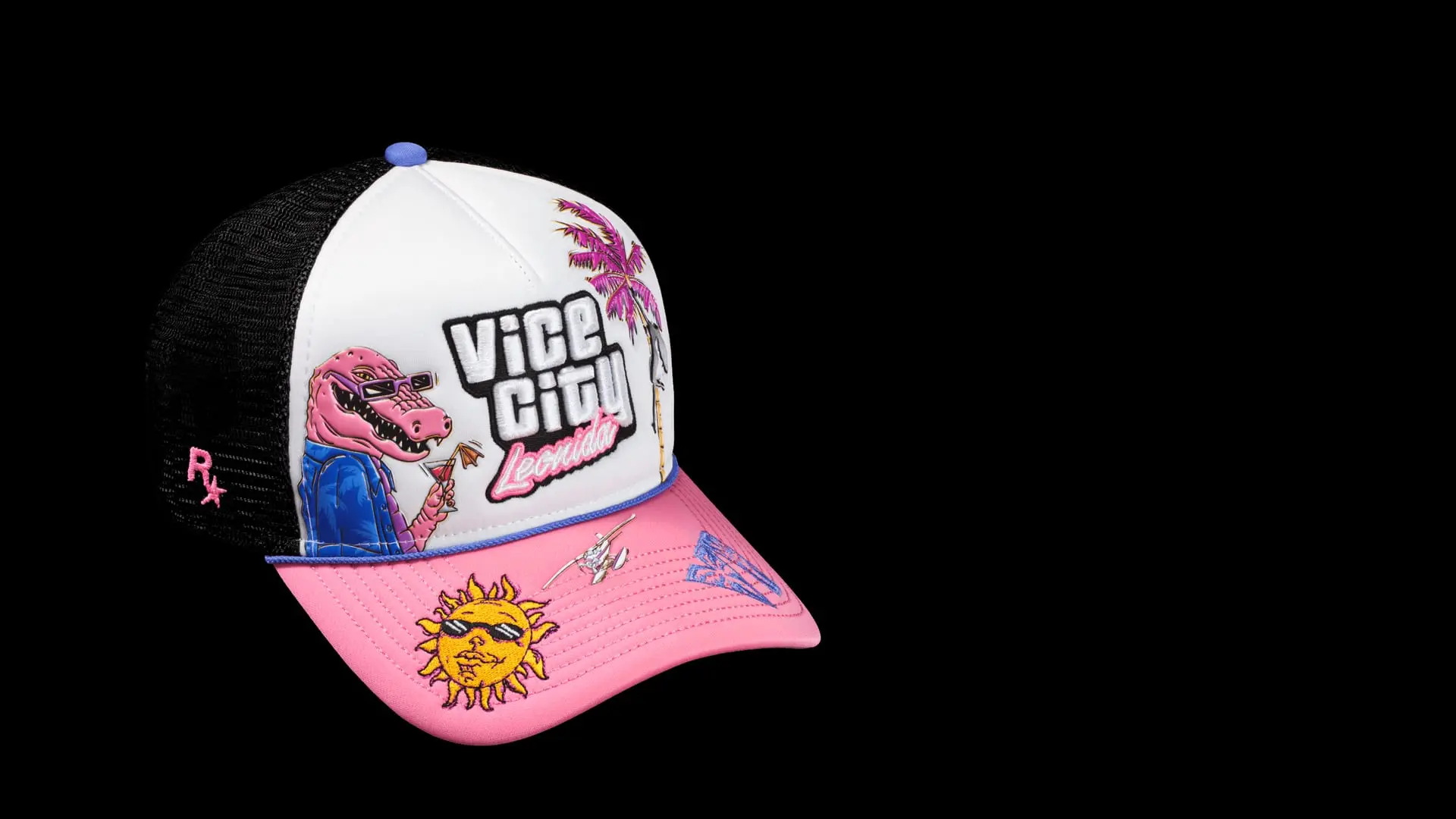 Black and white trucker cap with pink visor, Vice City Leonida logo, pink flamingo-style palm and sun graphics.
