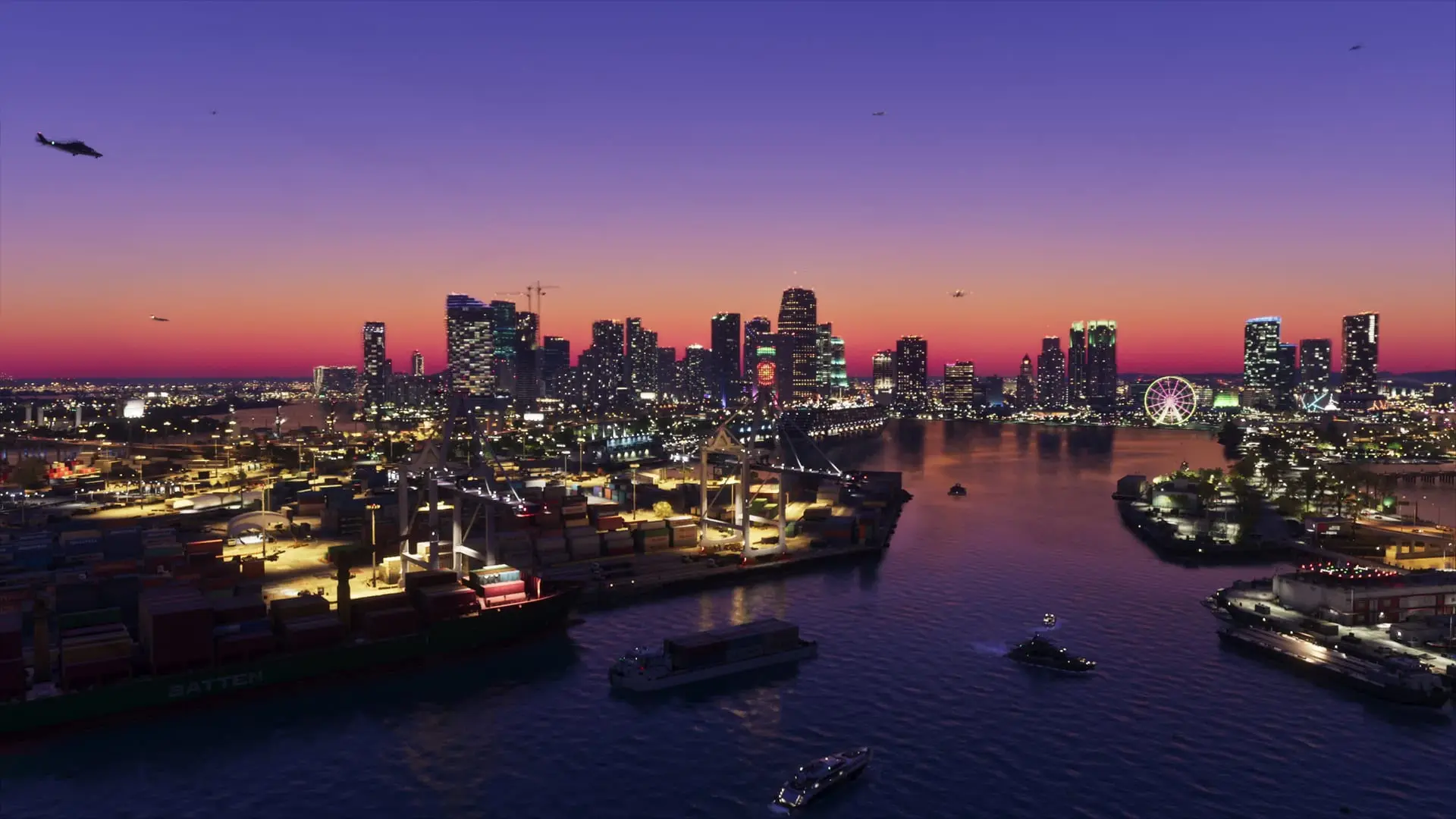 City skyline at dusk above a cargo port with stacked containers, boats on the water and a helicopter.