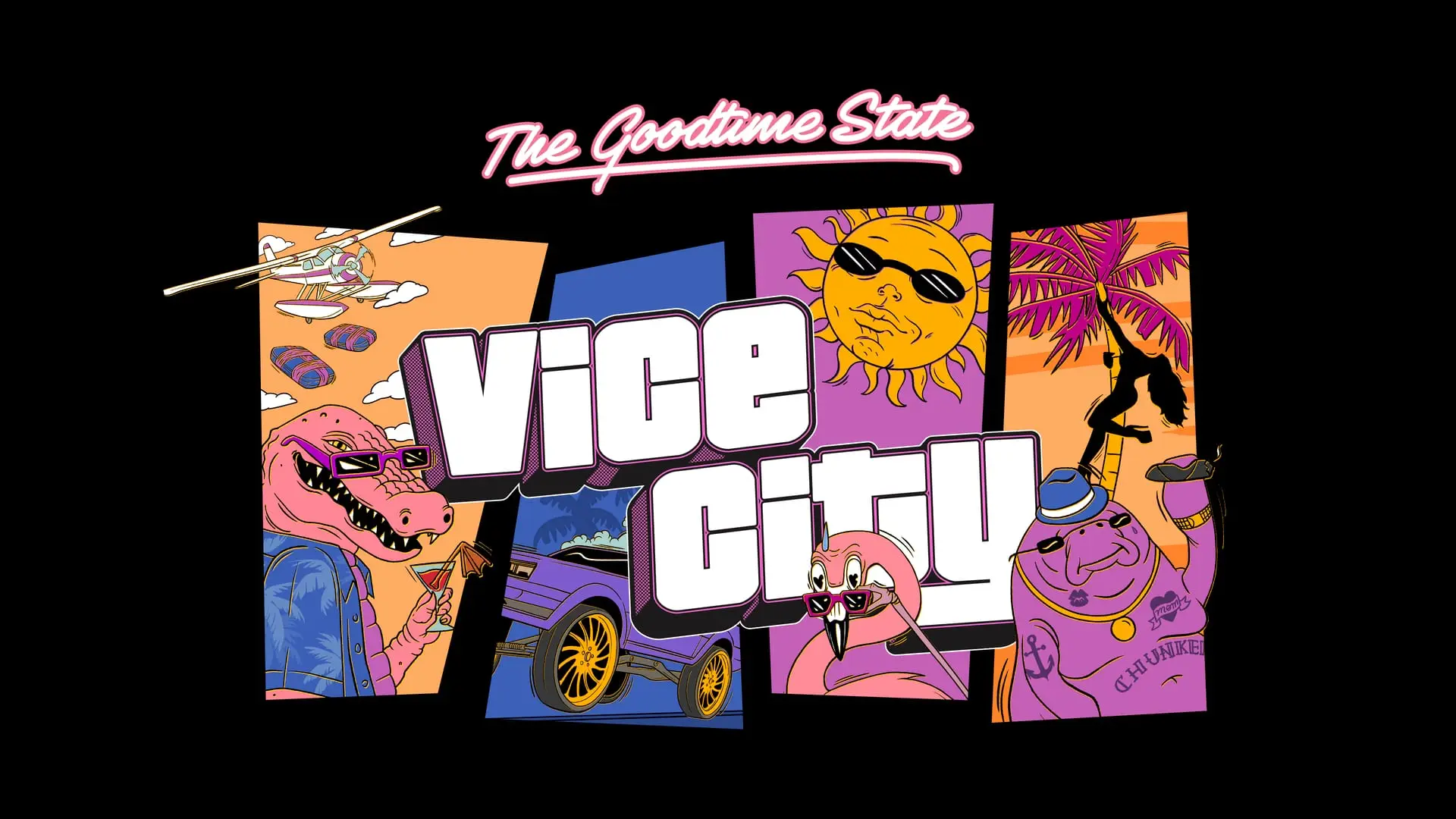Vice City collection artwork on a black background: dinosaur with cocktail, purple car, sun, flamingo, palm tree.