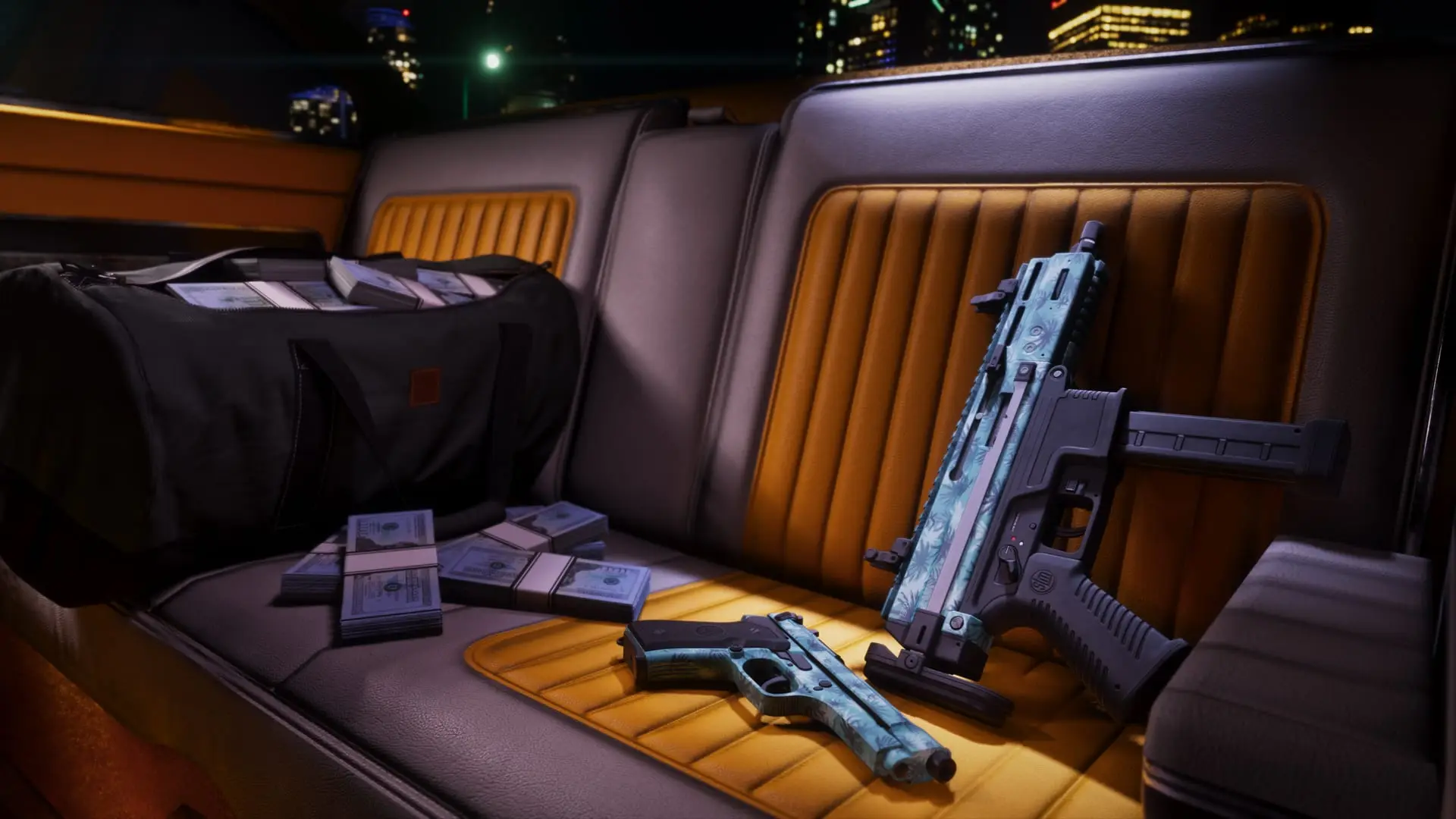 Car back seat with a duffel bag of cash, a palm-print submachine gun and a pistol on orange leather, at night.