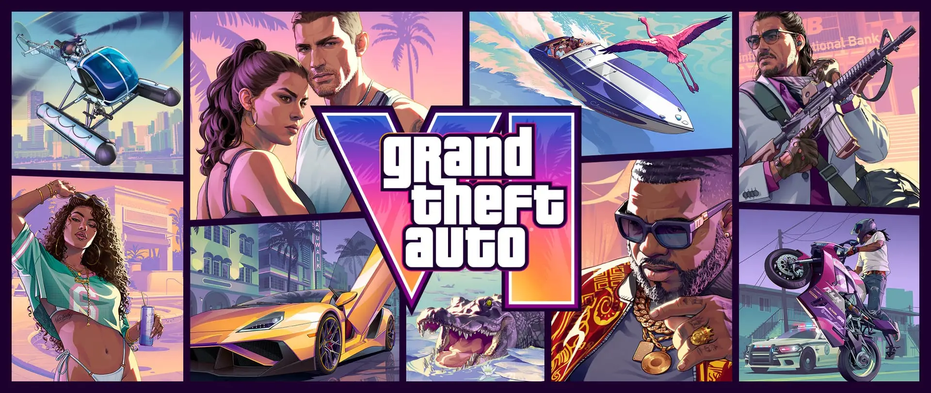 Collage artwork with several panels: a jet ski, a woman in a bikini, a couple, a sports car, a gator, a biker and a helicopter.