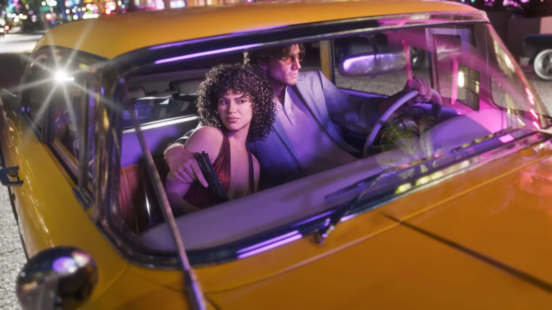 Woman with curly hair holds a pistol in a yellow taxi while a man in sunglasses drives at night.
