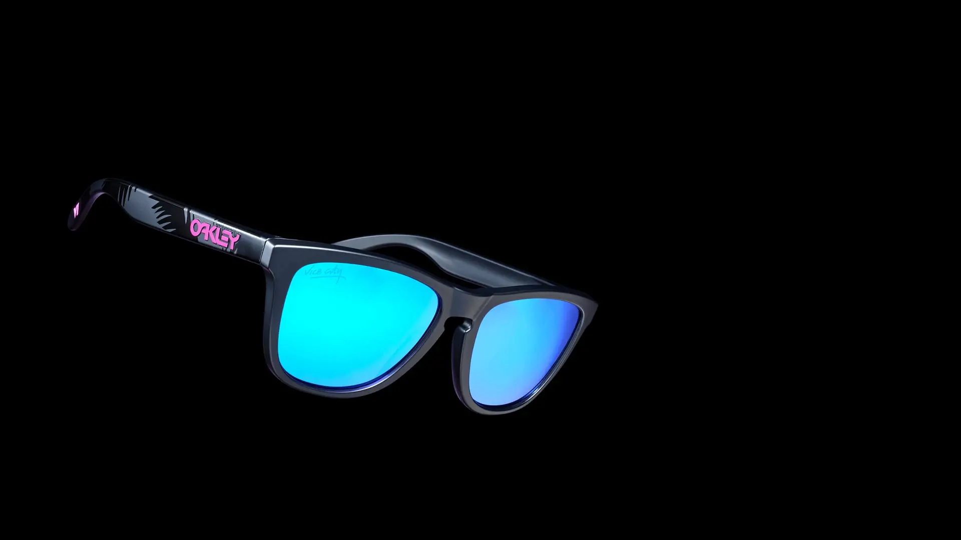 Óculos de sol pretos com lentes azuis espelhadas e logo rosa da Oakley na haste.