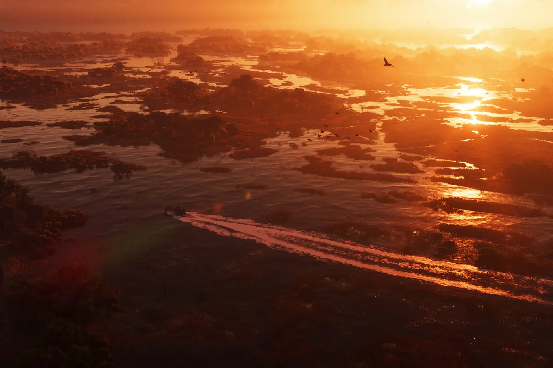 Wetlands at golden sunset with a small boat leaving a bright wake across the water, birds flying over marshy islands.