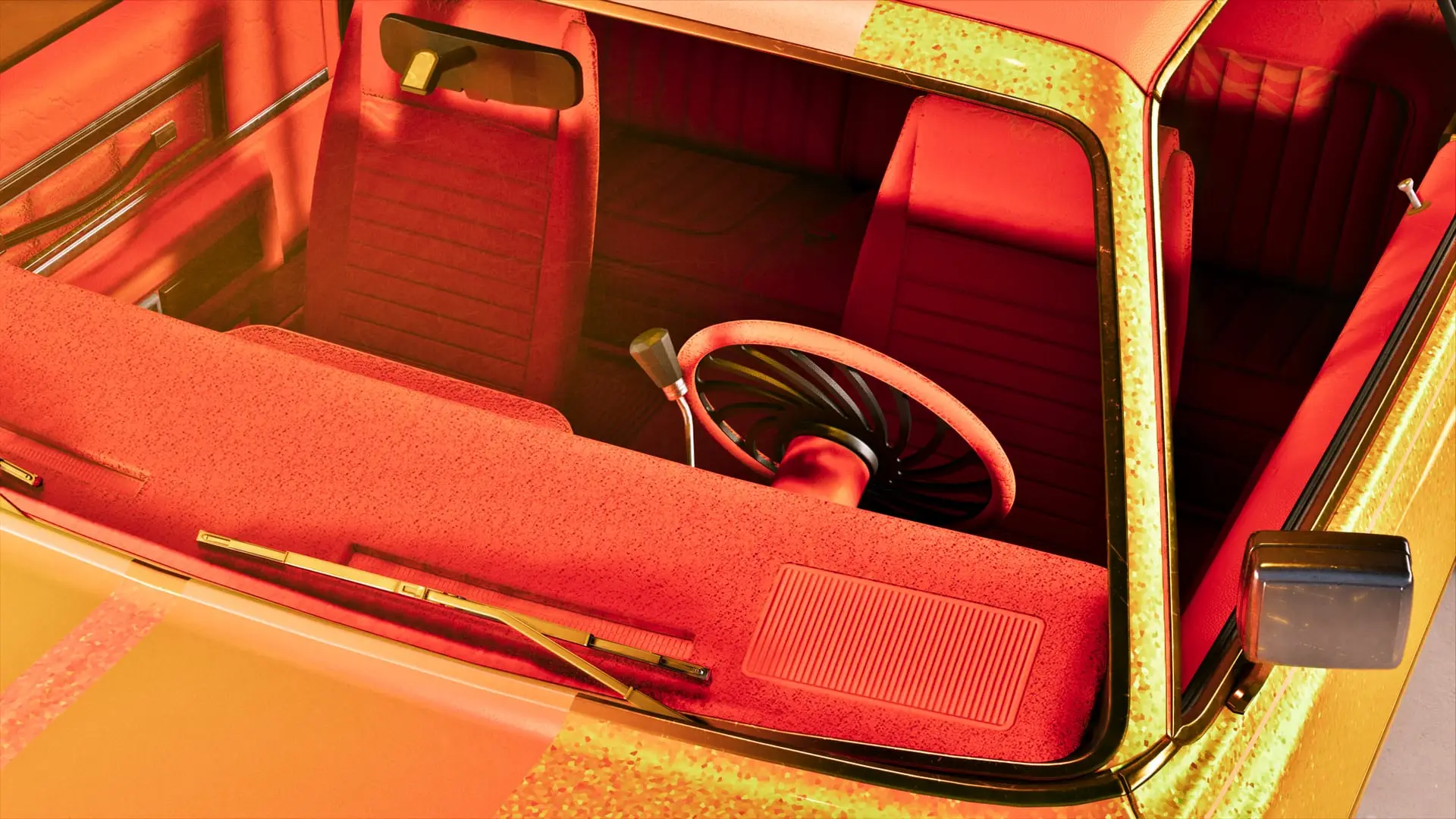 Interior of a gold-flecked car with red velour seats, dashboard and steering wheel.