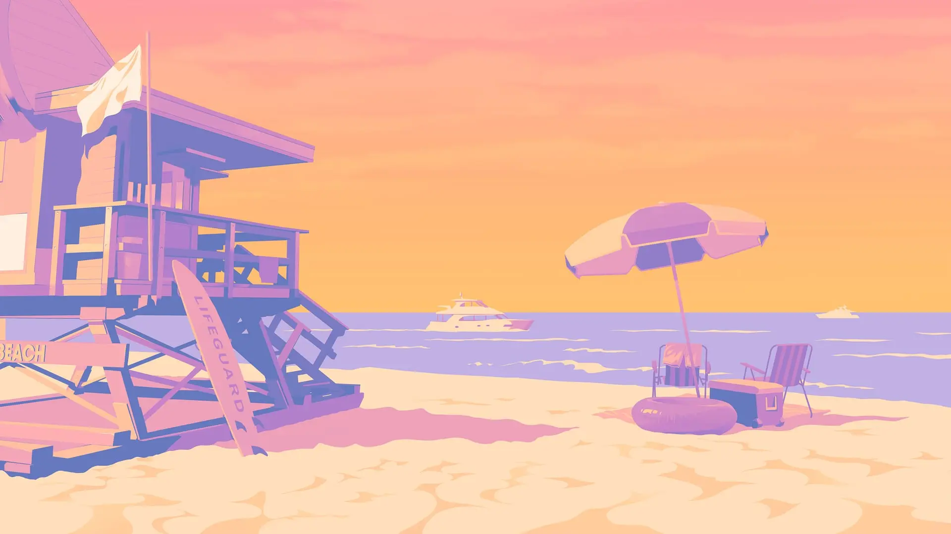 A lifeguard tower on a Vice City beach at sunset, official GTA 6 artwork