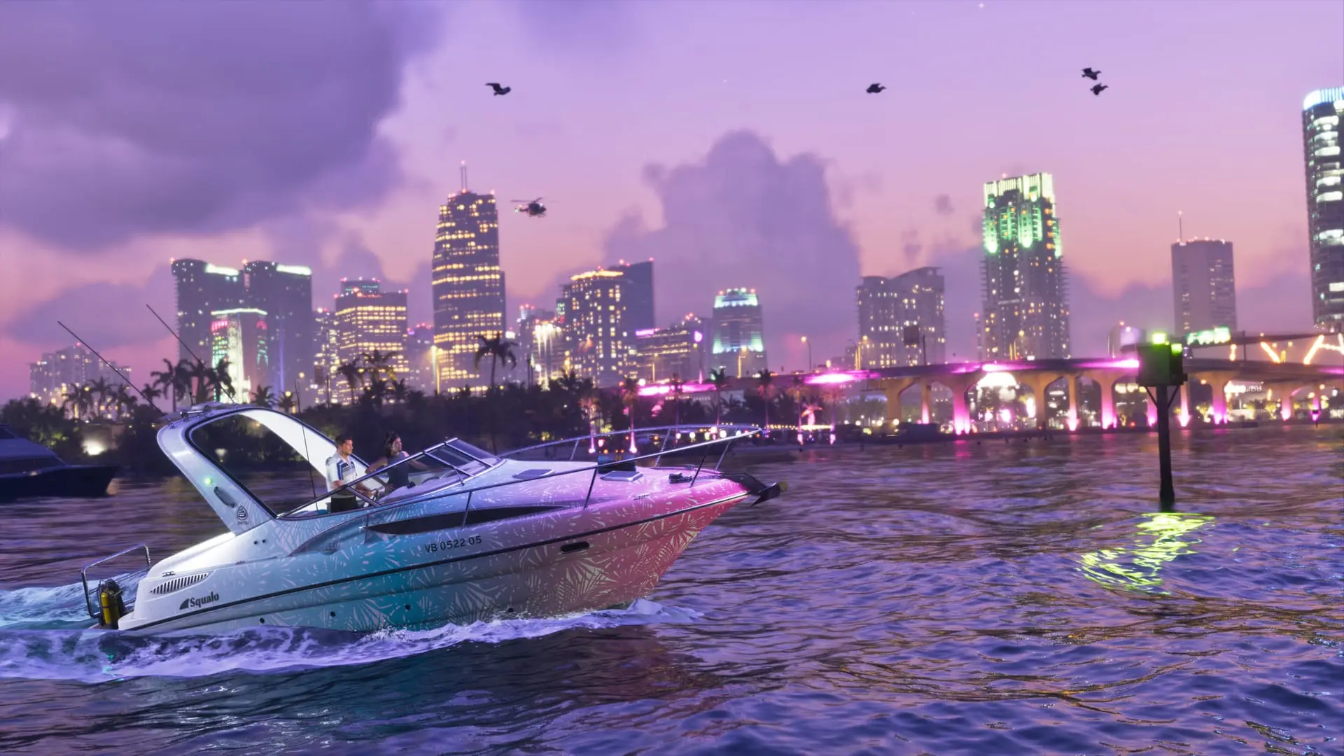 A speedboat crosses the bay below the Vice City skyline at dusk, official GTA 6 render