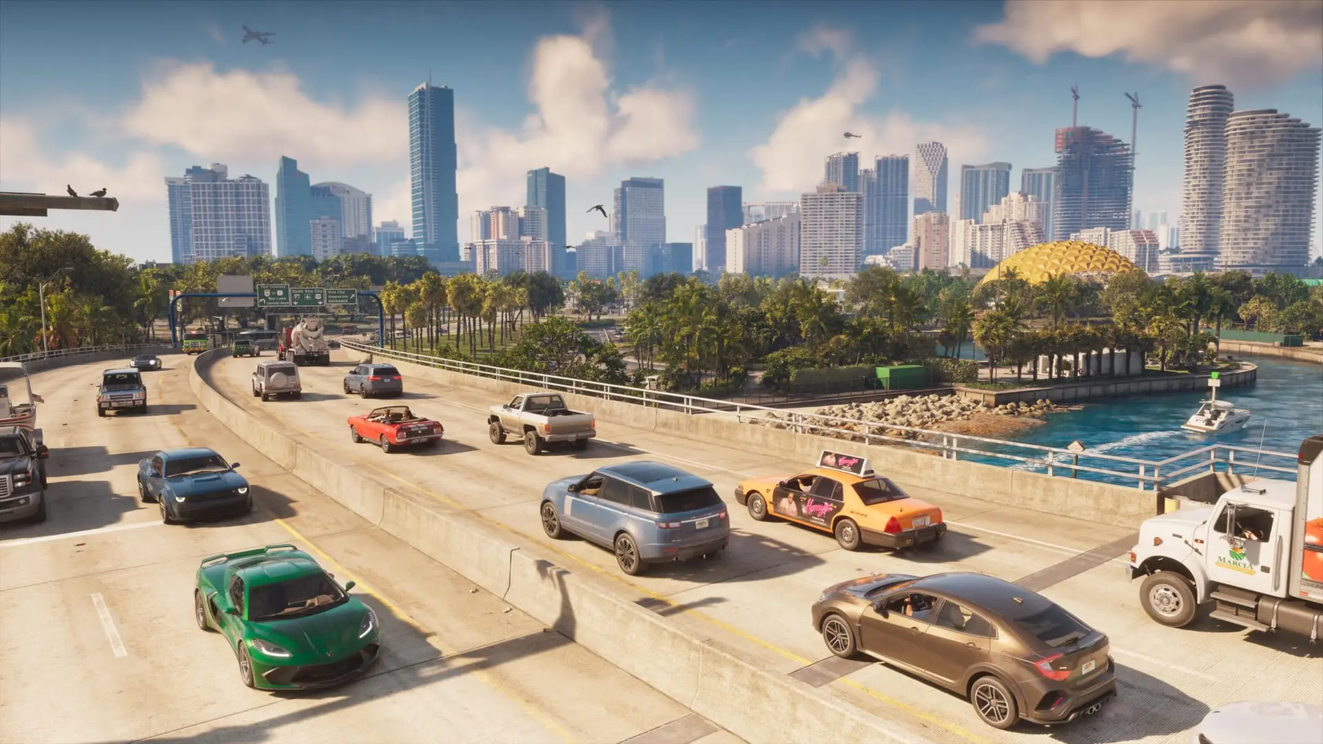 Traffic on a Vice City highway beneath the downtown skyline, official GTA 6 screenshot